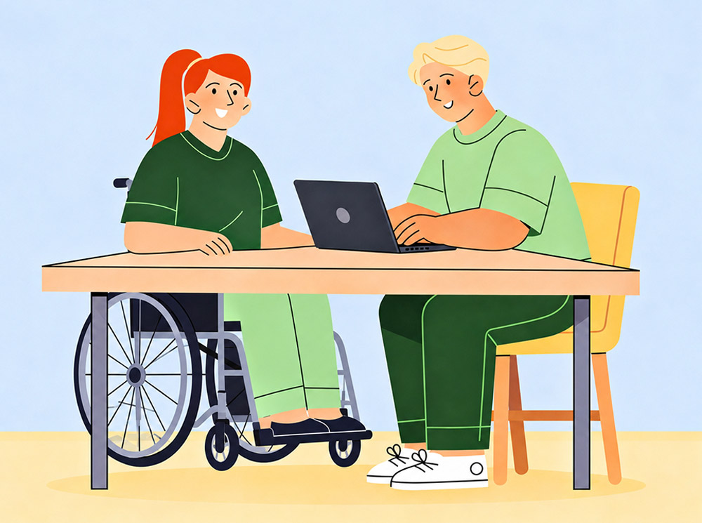Rollstuhlfahrerin und Kollegin arbeiten gemeinsam am Laptop Rollstuhlfahrerin und Kollegin arbeiten gemeinsam am Laptop