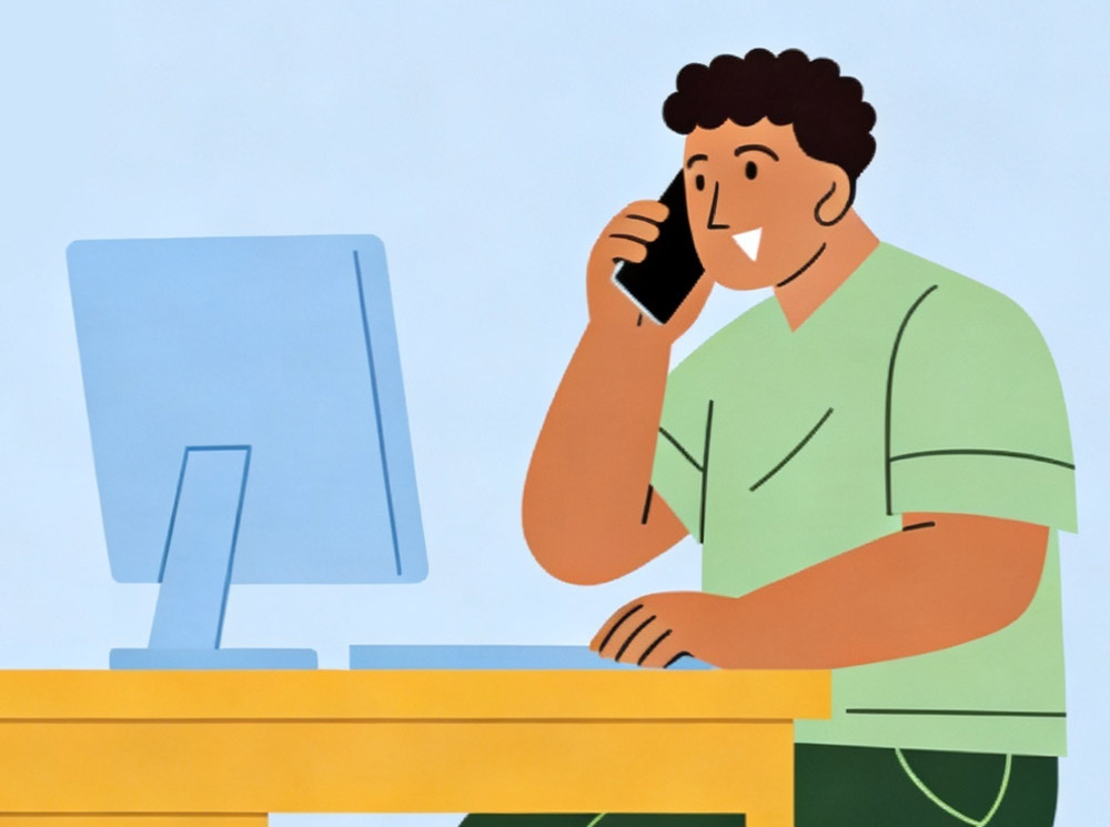 Mitarbeiter führt ein Telefonat am Arbeitsplatz